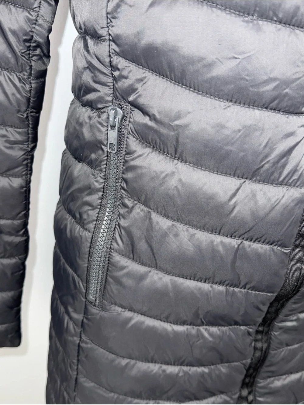 GAP Upcycled Long Puffer Hooded Lightweight Coat Parka Jacket XS Black Packable